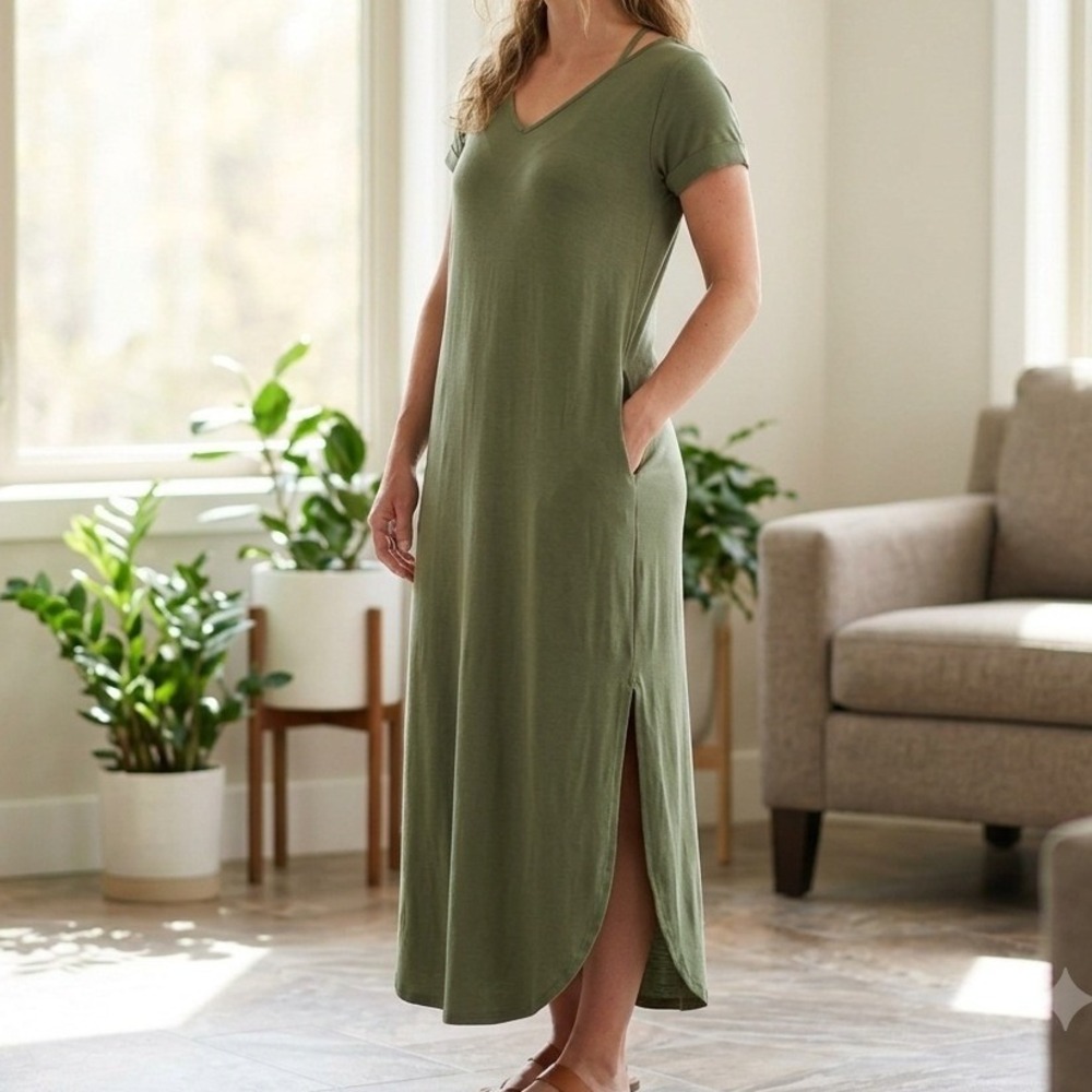 GRECERELLE Women Olive Green V-Neck Maxi‎ Dress Short Sleeve Pockets Slit Large
